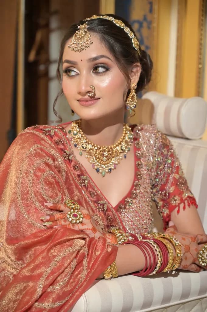 Bridal makeup with gold jewellery