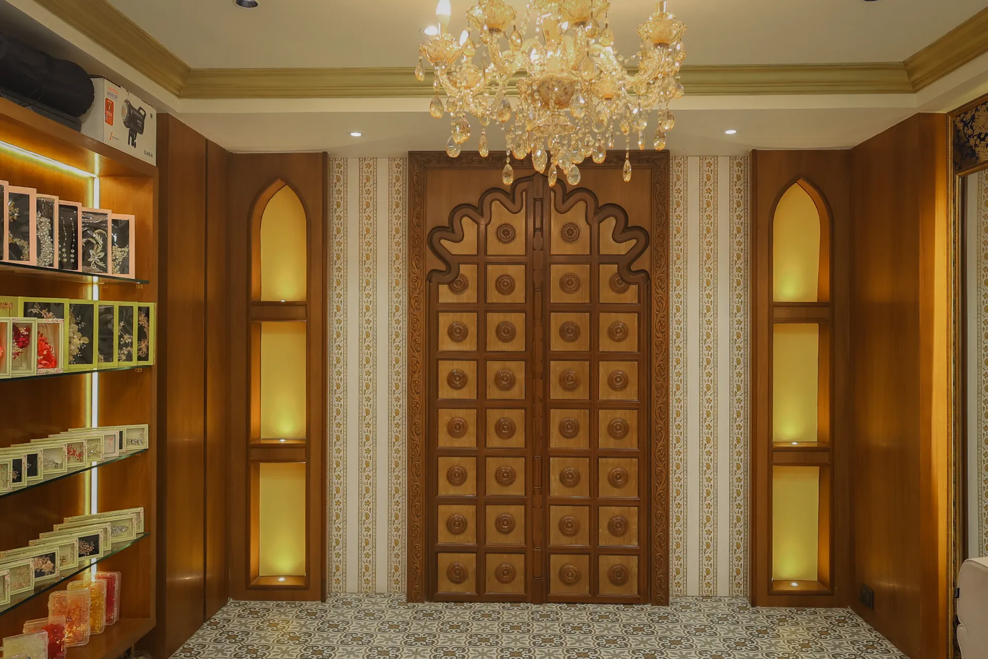 Carved door and chandelier backdrop used for bridal portraits